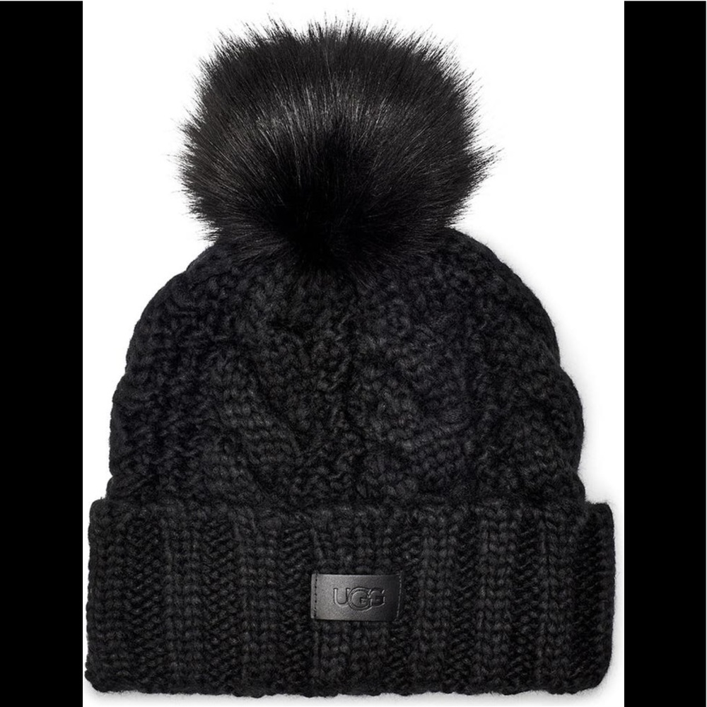 Ugg Cable Knit Beanie with Faux Fur Pom